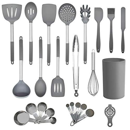 Silicone Kitchen Cooking Utensil Set25PCS Kitchen Utensils with HolderHeatResistant NonStick BPAFree Stainless Steel Handle Silicone Spoons Spatula Turner Whisk Tongs Cooking Tools  Grey