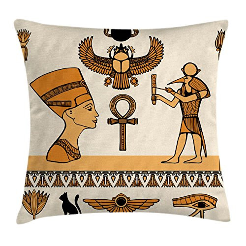 Egyptian Throw Pillow Cushion Cover by Ambesonne, Historical Ancient Symbols Set with Nefertiti Profile Antique Artwork, Decorative Square Accent Pillow Case, 16 X 16 Inches, Ivory Marigold Black
