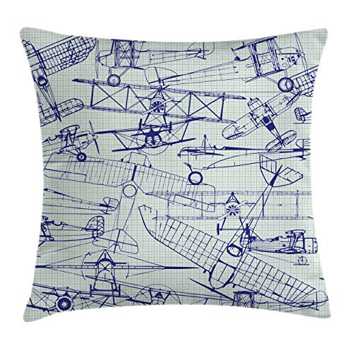 Airplane Throw Pillow Cushion Cover by Ambesonne, Old Airplane Drawings Classic Dated Flight Vintage Style Nostalgic Jets, Decorative Square Accent Pillow Case, 16 X 16 Inches, Violet Blue Turquoise