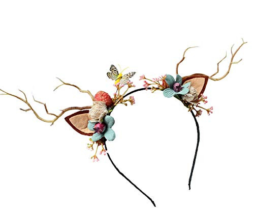 Deer Antler Hair Band Cat Ear Headband Deer Headband with Flowers Cat Ear Hair Band Flower Headband for Cosplay Party Costume by Vivivalue