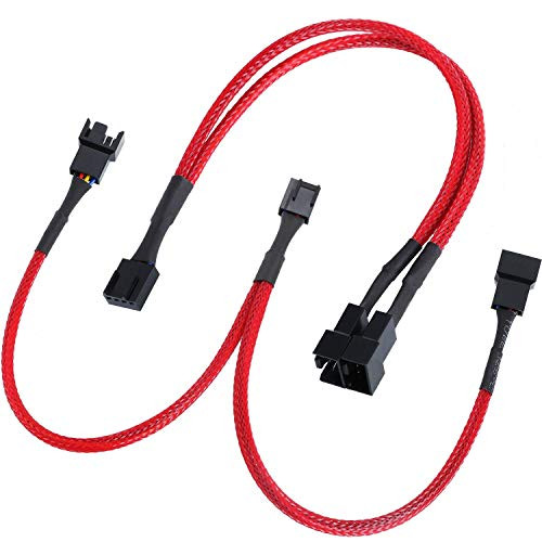 Onwon 2 Pack PWM Fan Splitter Cable 4 Pin Sleeved Braided Y Splitter Computer PC Fan Power Cable 1 to 2 Converter Extension Cable Red