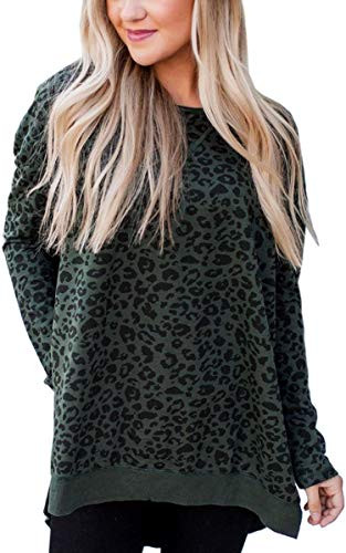 Angashion Womens Sweatshirts  Casual Leopard Print Crewneck Long Sleeve Oversized Pullover Tunic Sweatshirt Tops Grey Green L