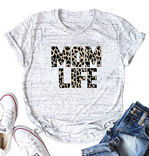 EGELEXY Mom Life T Shirts Mom Leopard Letter Printed Short Sleeve Graphic Tees Mama Casual TShirt Blouse XLarge White