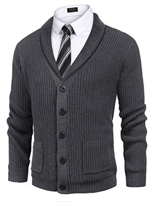 COOFANDY Mens Shawl Collar Cardigan Sweater Slim Fit Cable Knit Button up Cotton Sweater with Pockets Dark Grey