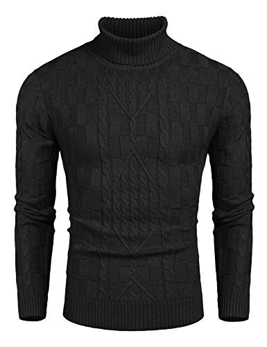 COOFANDY Mens Slim Fit Turtleneck Sweater Cable Knit Ribbed Cotton Pullover Sweaters Black