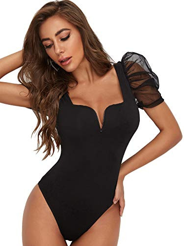 Verdusa Womens Sheer Mesh Puff Sleeve Notched Neck Bodycon Bodysuit Black M