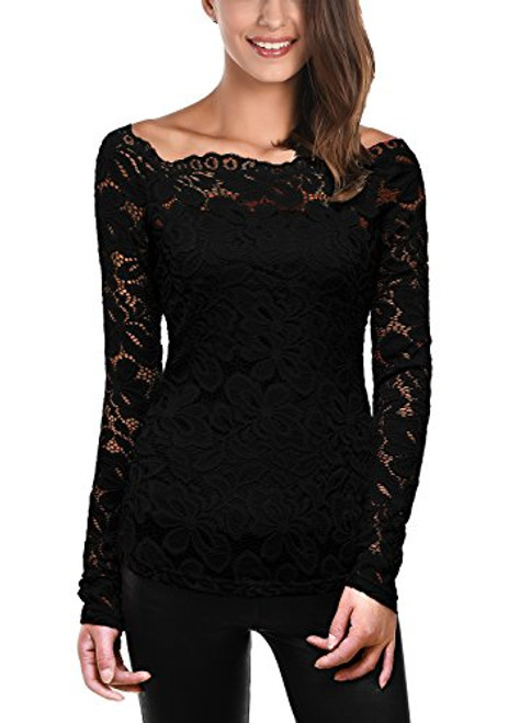 DJT Off The Shoulder Tops Womens Floral Lace Long Sleeve Top Medium Black