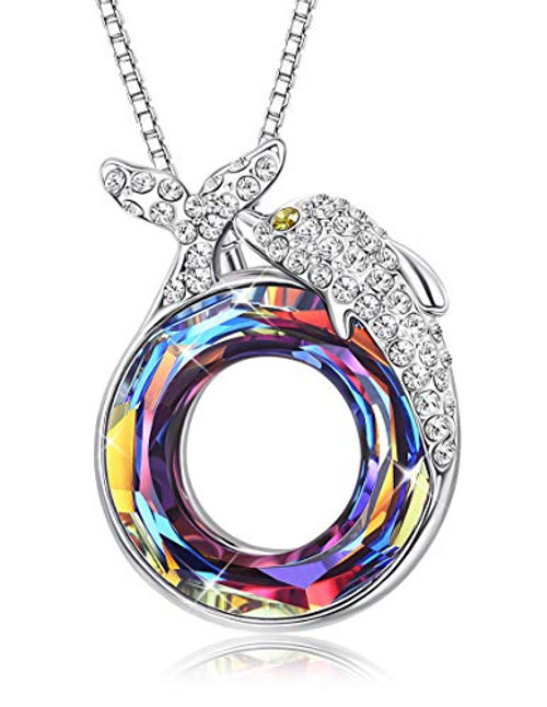 Sllaiss Dolphin Necklace for Women Circle Pendant Necklace Made of Swarovski Crystals Birthday Jewelry Gift
