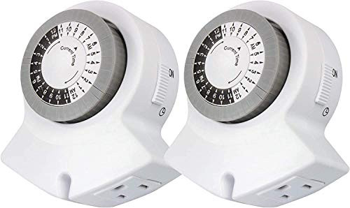 Clear Power Indoor Timer Dual Pack 2 Grounded Outlets 24 Hour Mechanical Timer for Lamps Fans Grow Lights White Grounded Plug 2Pack