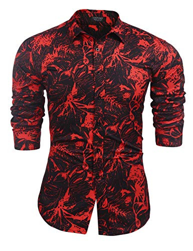 COOFANDY Mens Long Sleeve Dress Shirt Floral Print Casual Button Down Linen Shirt Black
