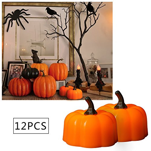 IMAGE Flickering Pumpkin Tea Lights 12 Pack Flickering LED Pumpkin Lights with Battery Operated Flameless Pumpkin Tealight Candles for Halloween Christmas Thanksgiving and Theme Parties