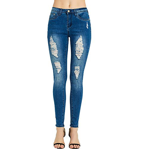 Tulucky Womens Ripped Boyfriend Jeans Cute Distressed Junior Denim Pants Stretch Skinny JeansBlueL