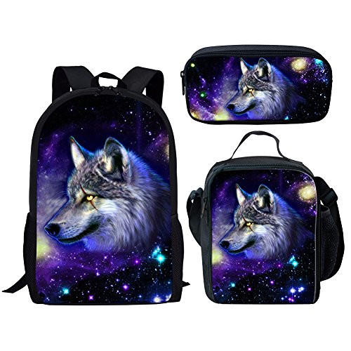 Middle School Backpack Set Lunch Bag Pen Bags For Girls Fashion Book Bag Daypack Wolf Print