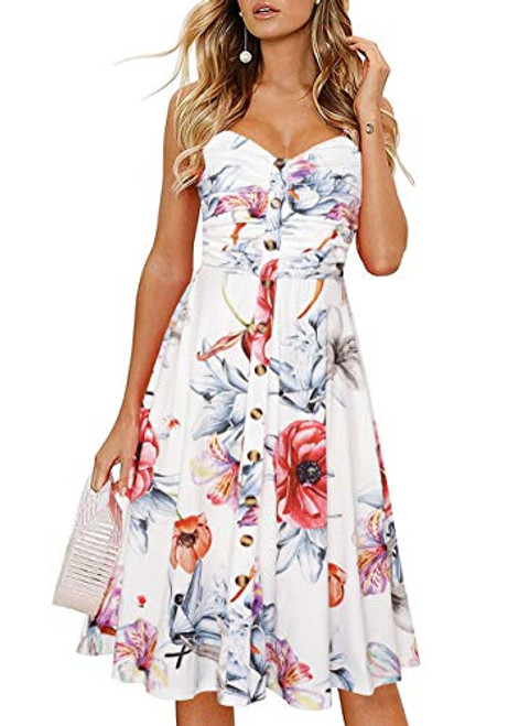 Drimmaks Womens Flowy Summer Casual Dresses Sleeveless Strapy Buttons Knee Length Holiday Dress 044White Floral L