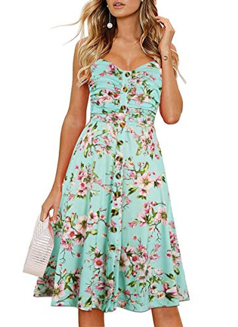 Drimmaks Womens Cute Floral Print Stretchy Cotton Buttons Down Sweetheart Neck Strapy Summer Casual Dresses044Green Floral M