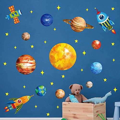 decalmile Planet Space Wall Decals Solar System Stars Rockets Wall Stickers Baby Nursery Boys Bedroom Playroom Wall Decor