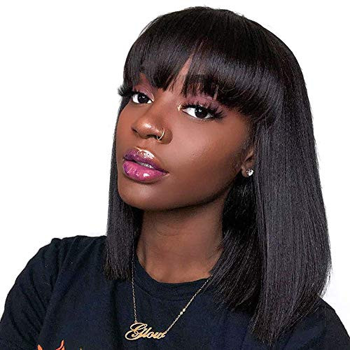 Human Hair Wigs with Bangs Brazilian Straight Virgin Human Hair Wigs Bob Wigs with Bangs 130 Density Hair Glueless Silky Machine Made Wigs for Black Women Natural Color 14 Inch Human Hair Wigs with Bangs Brazilian Straight Virgin Human Hair Wigs Bob Wigs with Bangs 130 Density Hair Glueless Silky Machine Made Wigs for Black Women Natural Color 14 Inch