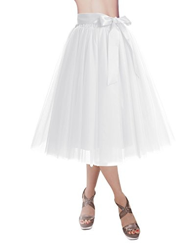 DRESSTELLS Knee Length Tulle Skirt Tutu Skirt Evening Party Gown Prom Formal Skirts White ML