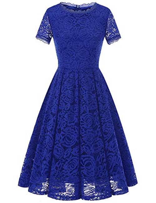 DRESSTELLS Womens Bridesmaid Elegant Tea Dress Floral Lace Cocktail Formal Swing Dress RoyalBlue M