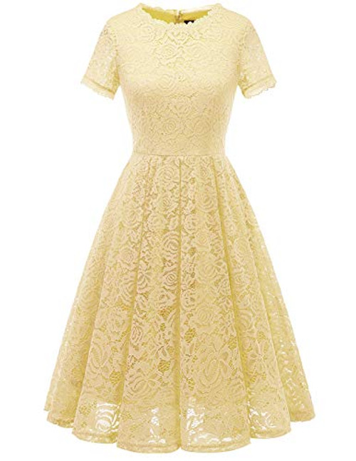 DRESSTELLS Womens Bridesmaid Elegant Tea Dress Floral Lace Cocktail Formal Swing Dress Yellow M