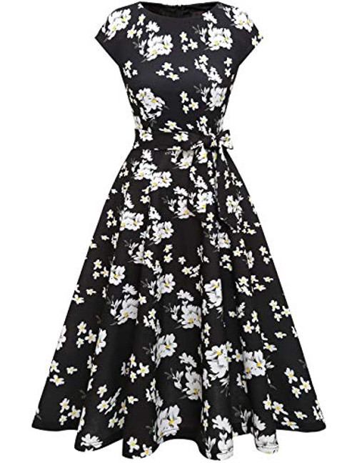 DRESSTELLS Womens Prom Tea Dress Vintage Swing Cocktail Party Dress with CapSleeves Black White Flower L DRESSTELLS Womens Prom Tea Dress Vintage Swing Cocktail Party Dress with CapSleeves Black White Flower L