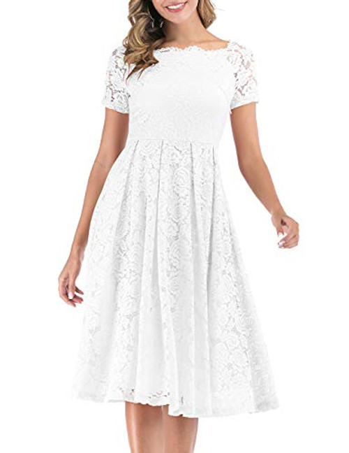 DRESSTELLS Womens Prom Vintage Floral Lace Tea Dress Boat Neck Cocktail Swing Dress White M DRESSTELLS Womens Prom Vintage Floral Lace Tea Dress Boat Neck Cocktail Swing Dress White M