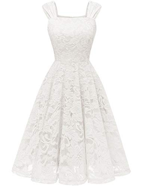 DRESSTELLS Women Short Floral Lace Bridesmaid Party Dress Vintage Square Neck Dress White XL DRESSTELLS Women Short Floral Lace Bridesmaid Party Dress Vintage Square Neck Dress White XL