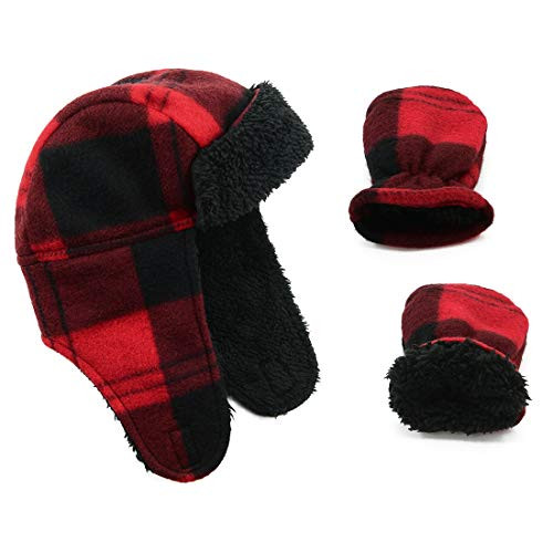 Durio Toddler Hat Fleece Lined Toddler Winter Hat Mittens Thick Toddler Hats for Boys Beanies R Red Black Plaid 312 Months