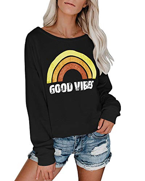 Umeko Womens Good Vibes Sweatshirt Long Sleeve Rainbow Print Loose Casual Crewneck Shirts Graphic Tops Umeko Womens Good Vibes Sweatshirt Long Sleeve Rainbow Print Loose Casual Crewneck Shirts Graphic Tops