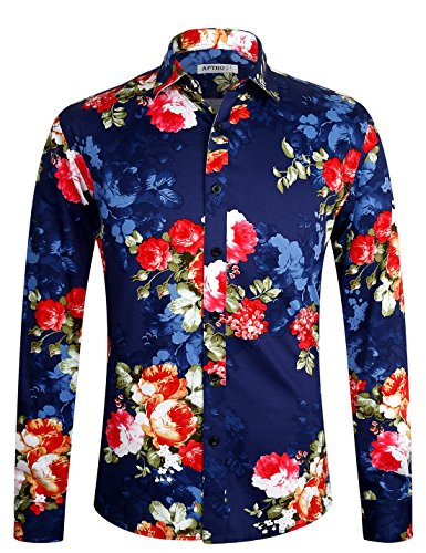 APTRO Mens Cotton Floral Print Long Sleeve Button Down Shirt 1034 2XL