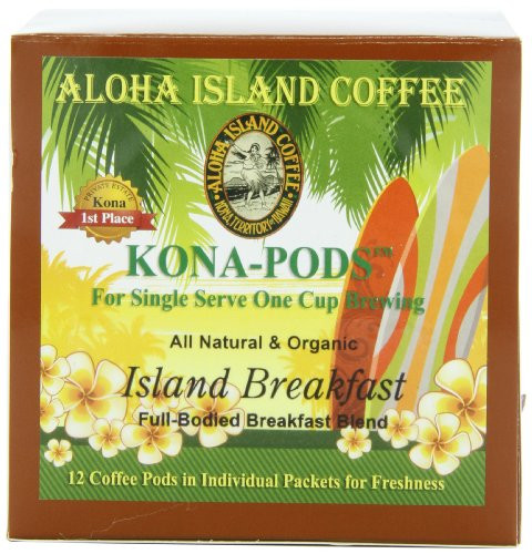 Aloha Island Coffee KONA-POD, Island Breakfast Med Light Roast, Kona & Hawaiian Coffee Blend, 12-Count Coffee Pods