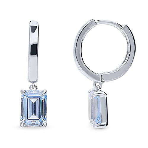 BERRICLE Rhodium Plated Sterling Silver Solitaire Anniversary Wedding Dangle Drop Earrings Made with Swarovski Zirconia Blue Emerald Cut 2 CTW