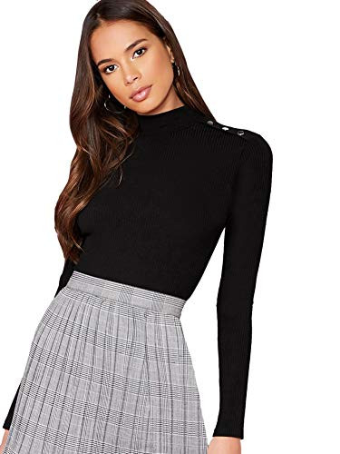 Floerns Womens Mock Neck Rib Knit Button Shoulder Long Sleeve T Shirt Top Black XS