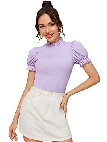Floerns Womens Frill Neck Puff Sleeve Solid Tee Blouse Tops Purple XL