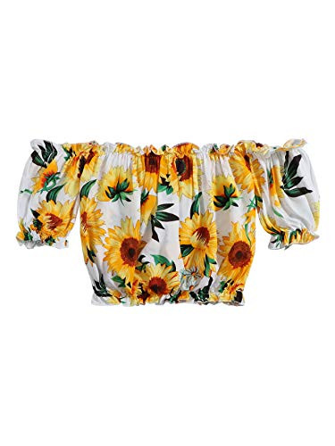 Floerns Womens Floral Print Frill Trim Off Shoulder Short Sleeve Crop Top Multi S