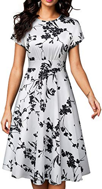 HOMEYEE Womens Short Sleeve Floral Casual Aline Midi Dress A102 12 WhiteFloral