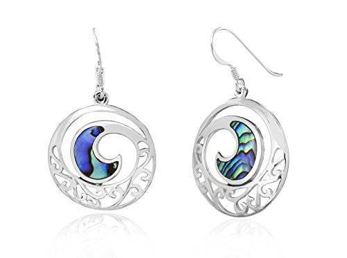 Sterling Silver Abalone Paua Shell Swirl with Filigree Circle Dangle Hook Earrings Sterling Silver Abalone Paua Shell Swirl with Filigree Circle Dangle Hook Earrings