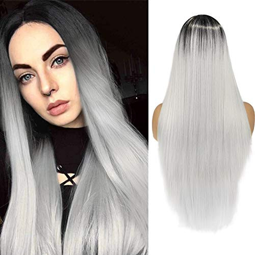 WIGER Ombre Grey Wig Long Straight Colored Hair Synthetic Wigs Middle Part Natural Looking Heat Resistant Party Cosplay Costume Full Wigs for Women Girls