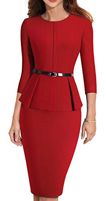 HOMEYEE Womens 34 Sleeve Office Wear Peplum Dress with Belt B473 10 Red