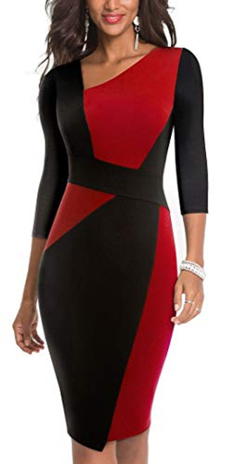 HOMEYEE Women Vintage Contrast Color Patchwork Work Business Dress B51710RedBlack34 Sleeve HOMEYEE Women Vintage Contrast Color Patchwork Work Business Dress B51710RedBlack34 Sleeve