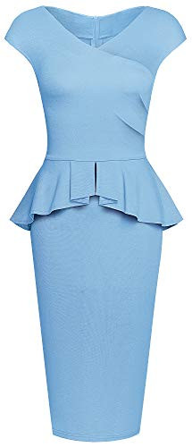 HOMEYEE Womens Retro V Neck Peplum Work Office Business Dresses B580Light Blue8