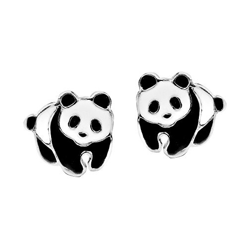 Adorable Panda Bear Colored Enamel 925 Sterling Silver Stud Earrings
