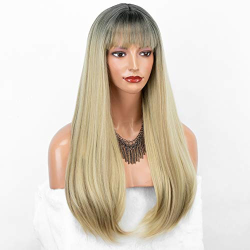 Cute Ombre Blonde Synthetic Wig with Bangs Long Straight Wig for Women Cosplay Daily Wear Blonde Wig Heat Resistant