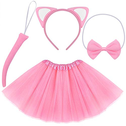 Elcoho 4 Pieces Cat Ear Headband Tutu Skirt Bowtie Tail Cat Cosplay Set for Halloween Christmas Festival Cosplay Daily Wear Accessory Pink
