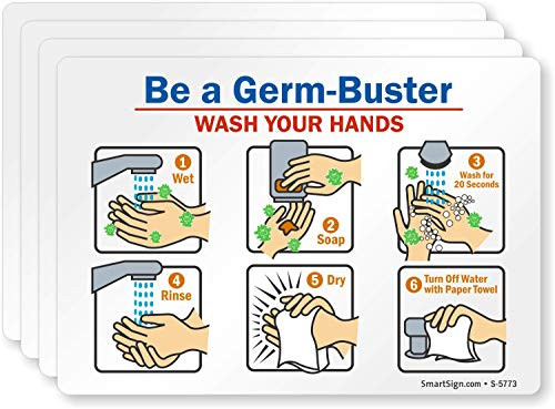 SmartSign Be A GermBuster  Wash Your Hands Hand Washing Label  35 x 5 Laminated Vinyl Pack of 4