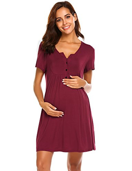 Ekouaer Labor and Delivery Gown Nursing Nightgown Maternity Nightgowns for Hospital Short Breastfeeding Nightgown SXXL Wine Red