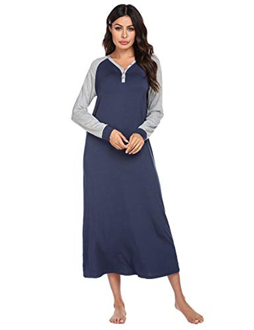 Ekouaer Womens Cotton Sleep Shirt Full Length Sleep Dress VNeck Night Dress Sleepwear Nightgown Navy GreyXXLarge