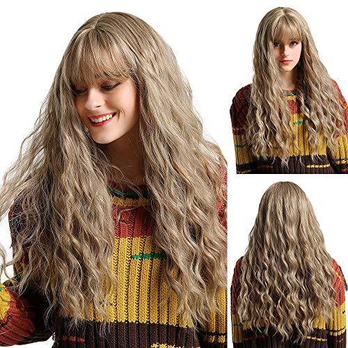 EMMOR Long Ash Blonde Wavy Synthetic Wigs for Women  Natural Hair Middle Part With Air Bang Curly Colorful Wig Party Cosplay Daily Use