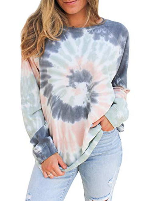 Eytino Women Casual Long Sleeve Colorblock Tie Dye Printed Pullover TopsSmall Multicolor