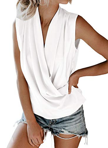Eytino Women Wrap V Neck Ruched Draped Cami Tank Tops Casual Sleeveless Loose Shirts BlousesSmall White
